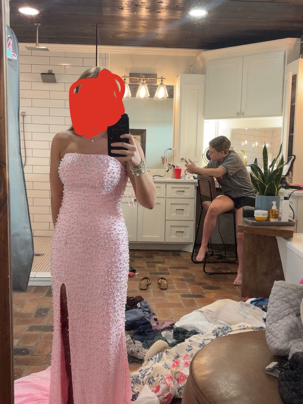 Strapless Pink Sequin Prom Gown With Front Slit